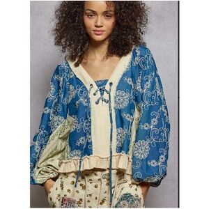 POL Denim Blue Floral Print Lace up Balloon Sleeve Blouse
